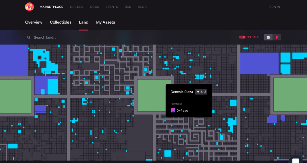 Decentralandのマーケットプレイス。土地の所有者が表示されている　出所：Decentraland